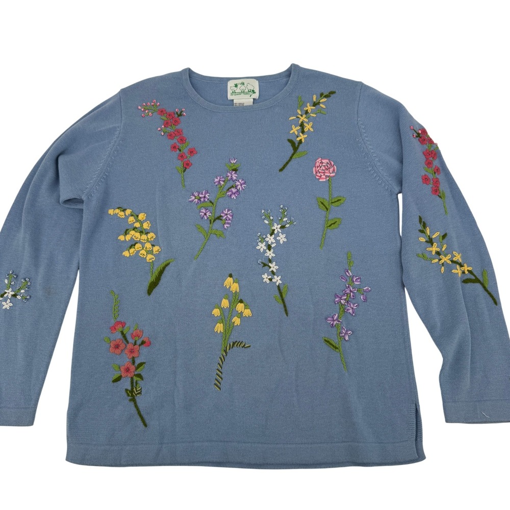 Quacker Factory Sweater Women M Blue Floral Embroidered Cottagecore grandma
